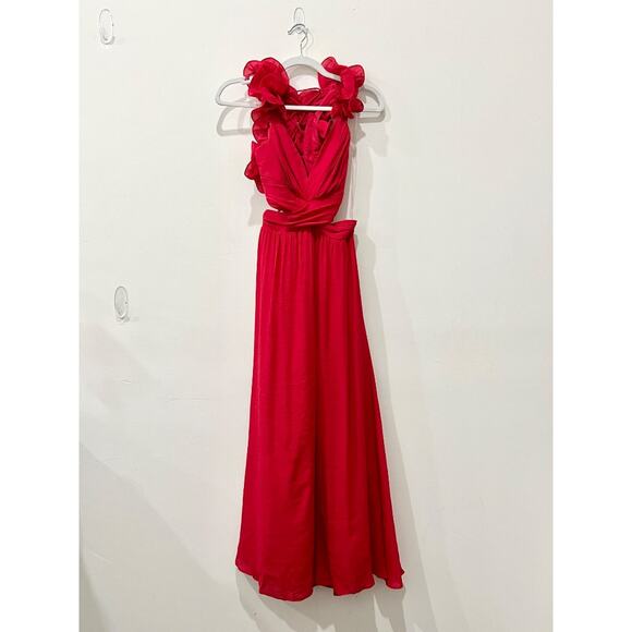 Billy J Galilhai Ruffle V-Neck Side Cutout Maxi Dress Red Women's AUS 6 / US 2 - Picture 2 of 5